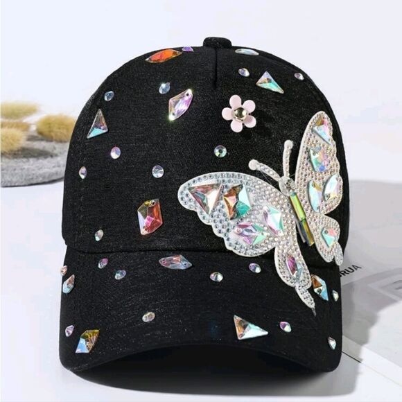 Black Rhinestone Bling Butterfly Baseball Cap Hat Studs Bling - Picture 1 of 5